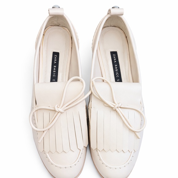 Zara Shoes - ZARA Basic Cream Pearl Stud Loafers | Chic Fringe Detail | Good Condition